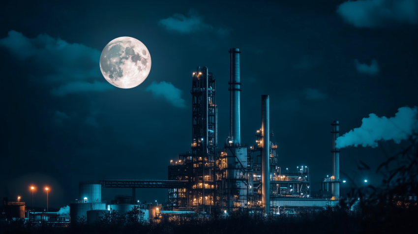 Nighttime Industrial Refinery with Full Moon