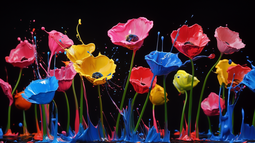 Vibrant Paint Splash Flowers on Black Background Colorful Abstract Art