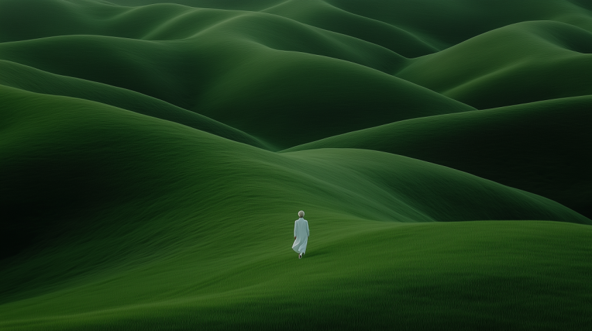 Solitary Figure Walking Through Rolling Green Hills