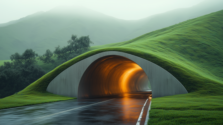 Road Tunnel with Grass-Covered Hills in a Misty Landscape