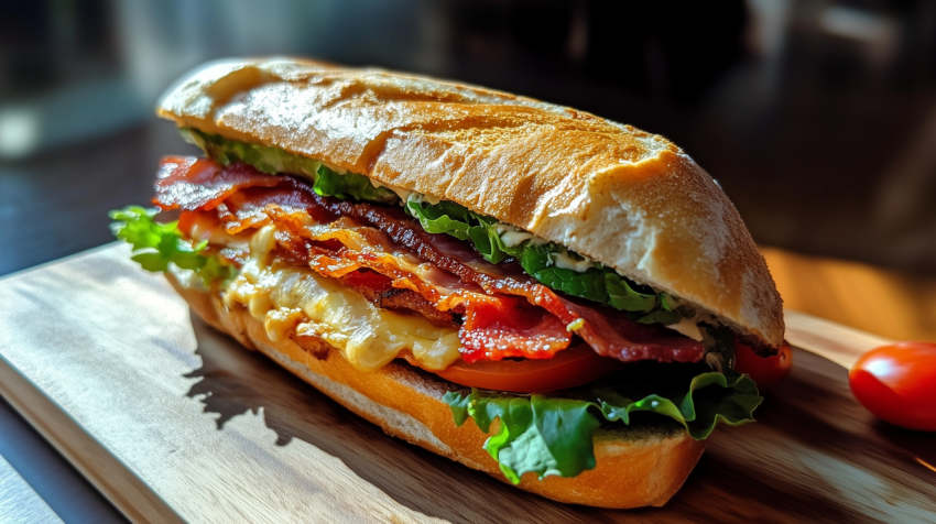 Fresh BLT Sandwich with Crispy Bacon, Lettuce, and Tomato on a Wooden Board