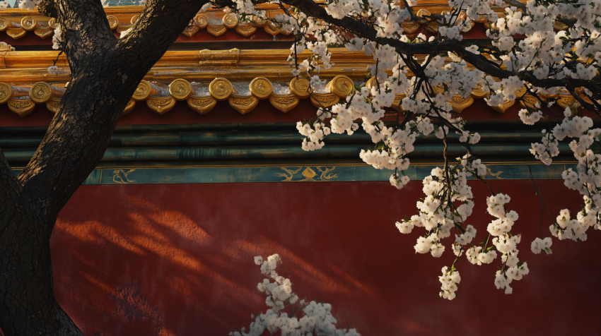 Traditional Chinese Temple Wall with Blossoming Tree in Spring