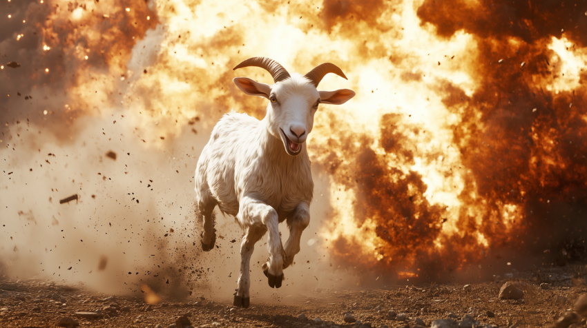 Goat Running from Explosion in Dramatic Action Scene