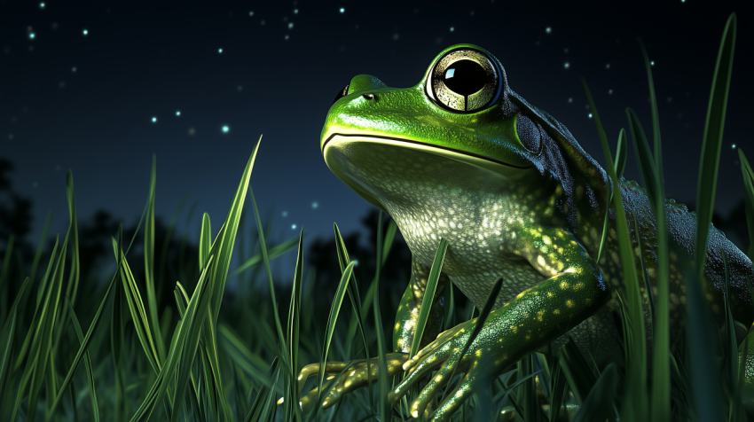 Frog in Moonlit Grass Under a Starry Night Sky