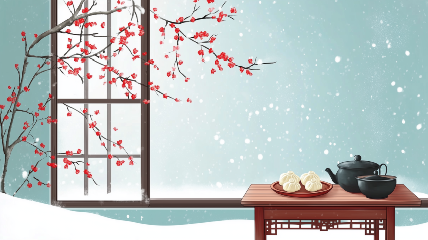 Winter Scene with Red Plum Blossoms and Traditional Tea Setting