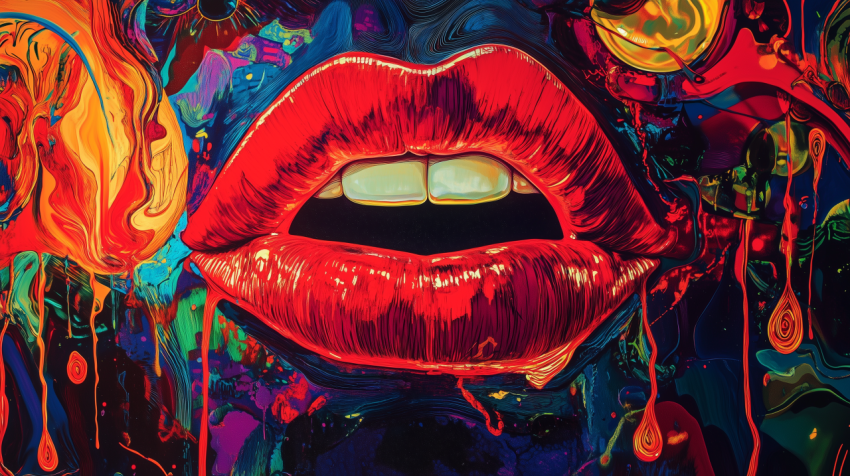 Vibrant Abstract Artwork of Glossy Red Lips in a Colorful Explosion