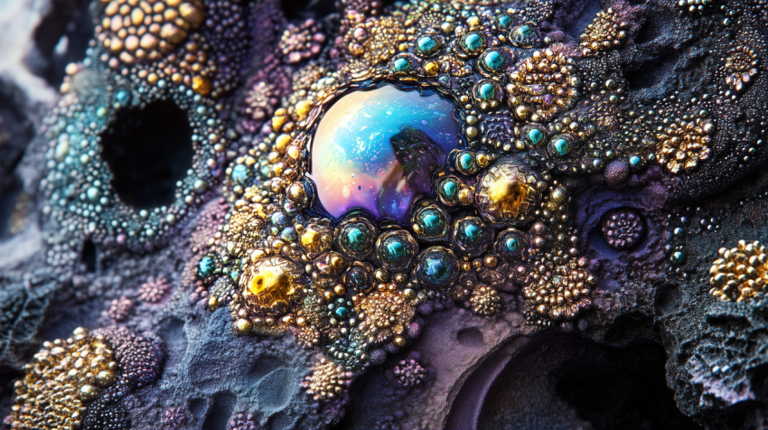 Close-up of colorful mineral formations with iridescent reflections