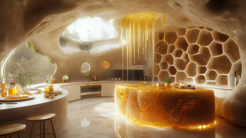 Futuristic Honeycomb-Themed Kitchen with Natural Light and Golden Honey Decor