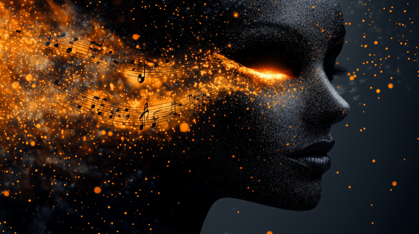 Surreal Portrait of a Woman with Fiery Eyes and Flowing Music Notes