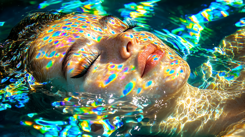 Woman Floating in Water with Rainbow Reflections on Her Face