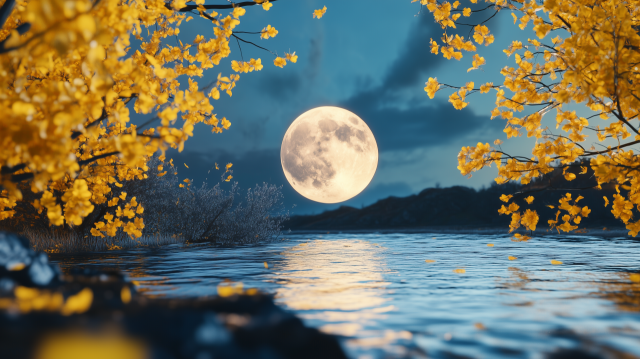 Full Moon over a Tranquil Lake in Autumn