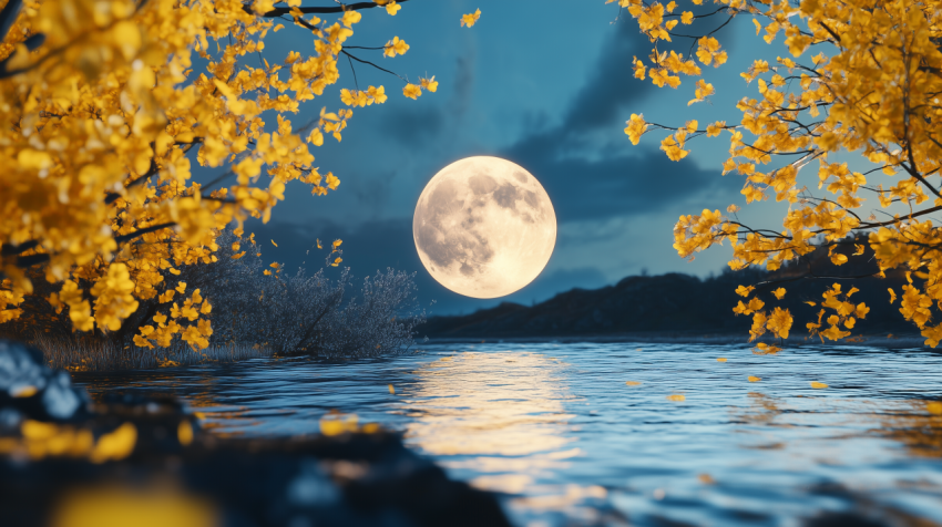 Full Moon over a Tranquil Lake in Autumn