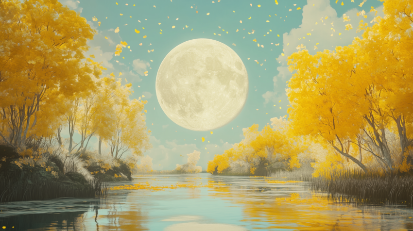 Full Moon Rising Over Calm Lake with Autumn Trees and Falling Leaves