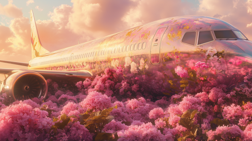 Airplane Surrounded by Pink Flowers at Sunset