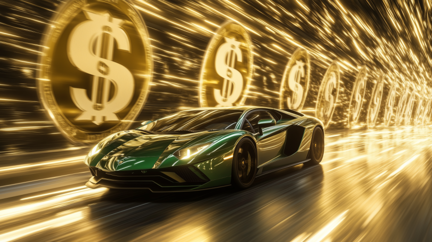 Luxury Sports Car Driving Through a Golden Tunnel with Dollar Symbols