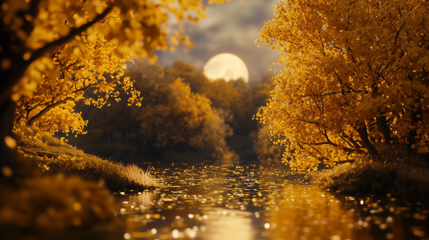 Full Moon Over Autumn River with Golden Trees