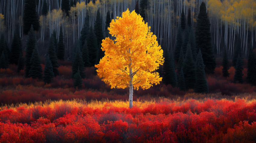 Lone Golden Aspen Tree in Vibrant Autumn Landscape