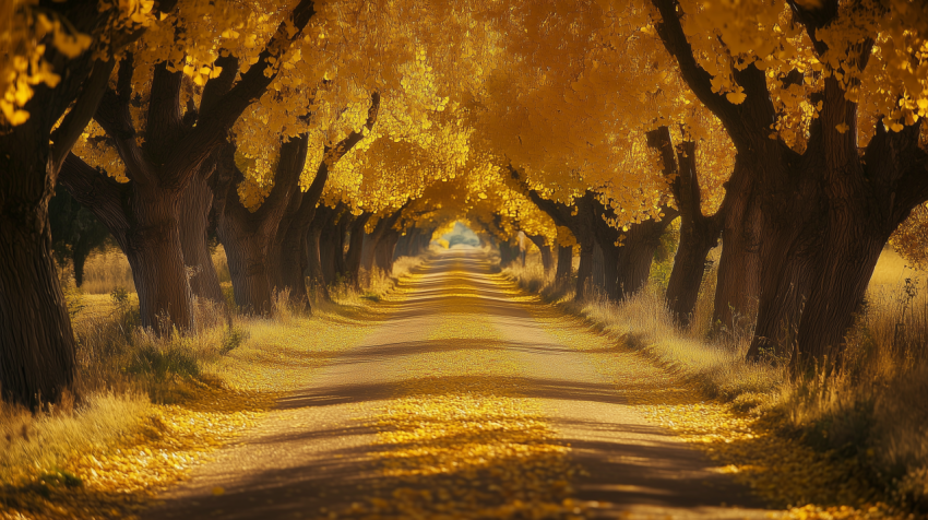 Tree-Lined Autumn Road with Golden Leaves