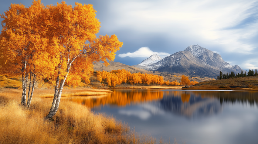 Autumn Landscape with Golden Trees and Snow-Capped Mountains