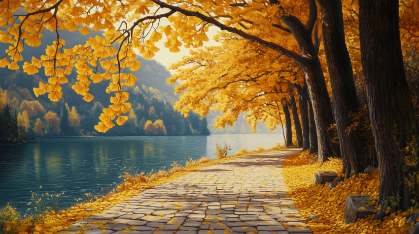 Autumn Pathway Along Lake with Golden Leaves