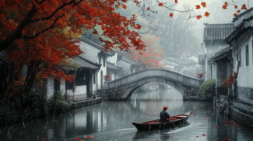 Traditional Chinese River Town in Rain with Red Maple Leaves