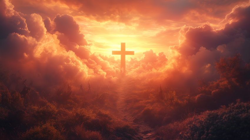 Glowing Cross in the Sky Surrounded by Clouds at Sunset