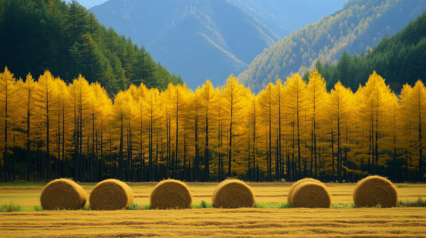 Golden Hay Bales in Autumn Field with Yellow Forest Background