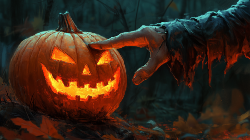 Creepy Hand Touching Glowing Jack-O'-Lantern in a Spooky Forest