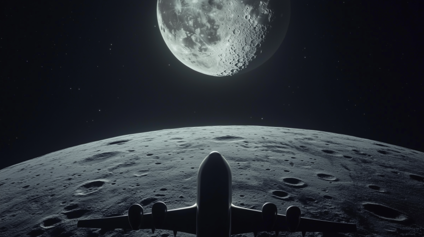 Airplane Flying Over the Moon's Surface at Night