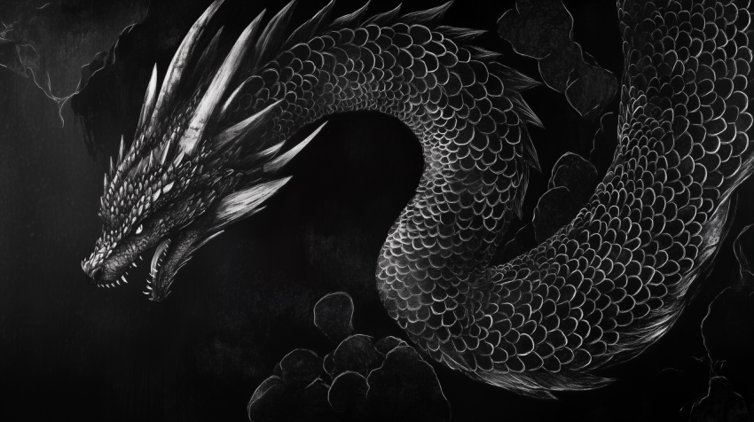 Black and White Dragon Illustration with Detailed Scales