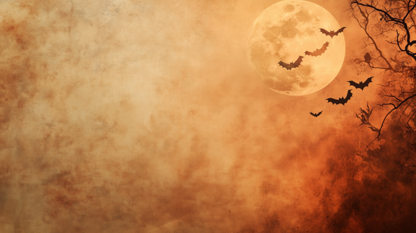 Halloween Night Scene with Full Moon and Flying Bats