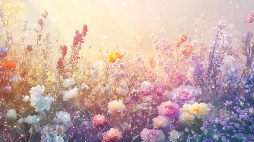 Dreamy Floral Meadow in Golden Sunrise Light