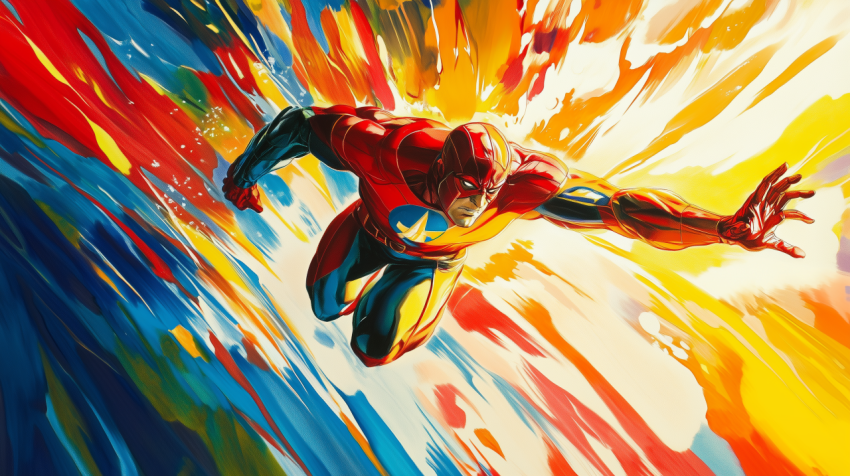 Dynamic Superhero in Flight with Vibrant Color Explosion