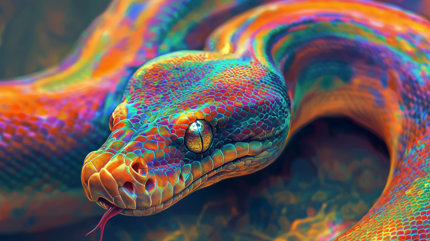 Close-up of a Rainbow-Colored Snake with Hypnotic Eyes