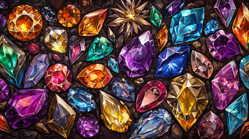 Colorful assortment of various gemstones on a dark background