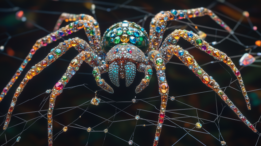 Jewel-encrusted spider on intricate web