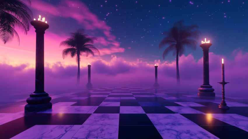 Surreal checkerboard platform with candlelit columns and palm trees at sunset