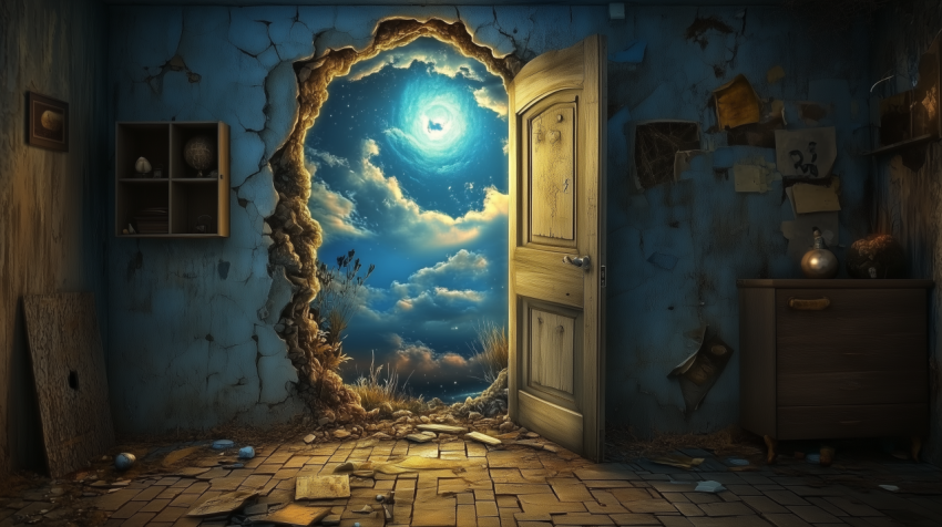 Surreal room with a doorway to a magical sky and swirling stars