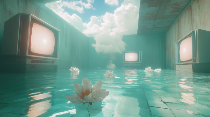 Surreal flooded room with vintage televisions and floating flowers