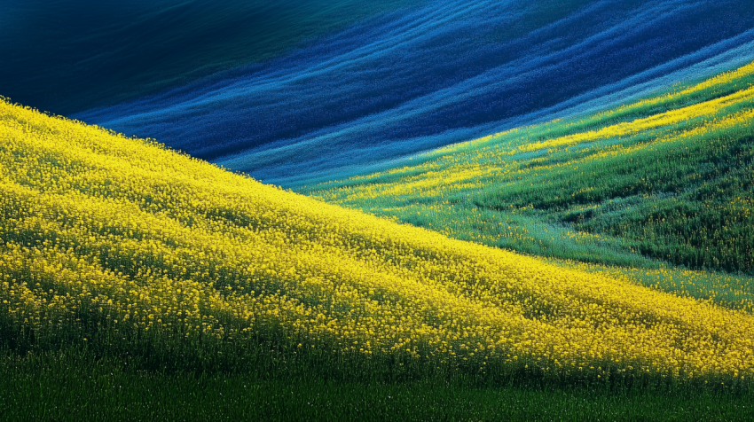 Rolling fields of yellow and blue wildflowers on a sloped landscape