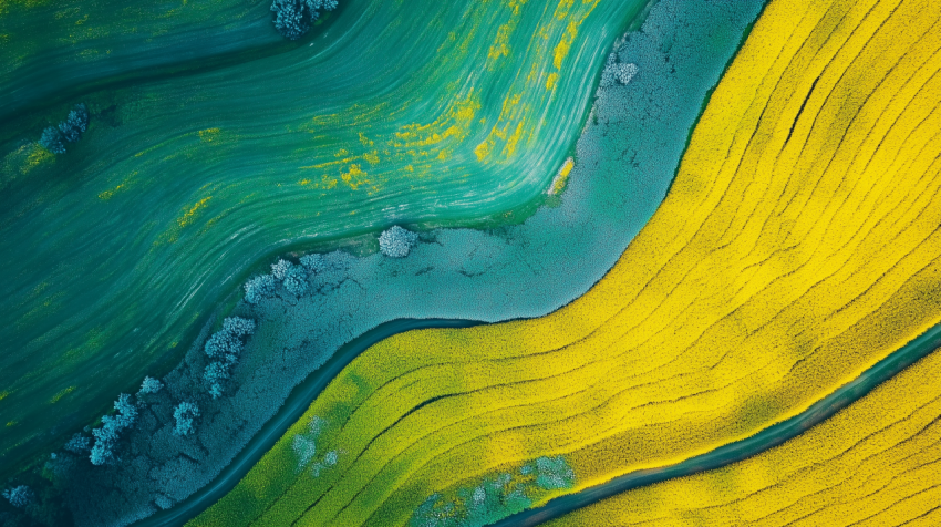 Aerial view of flowing green and yellow agricultural fields