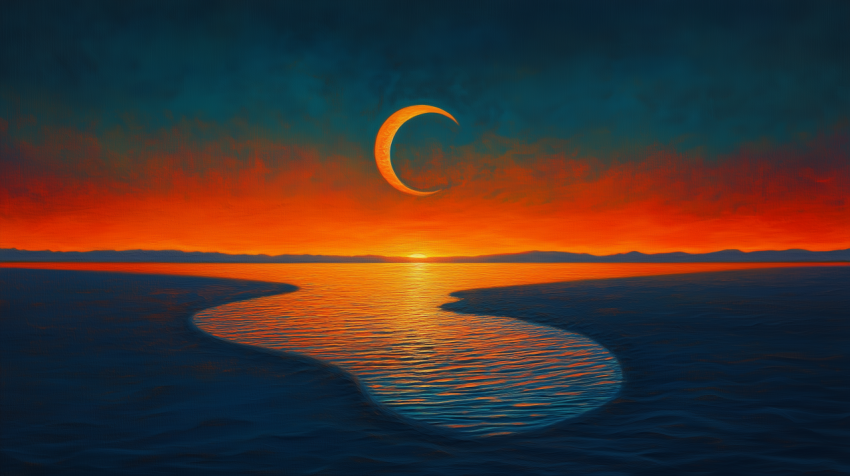 Crescent moon over a vibrant sunset reflecting on water