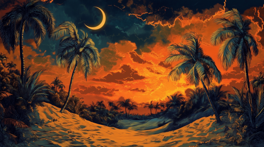 Tropical Beach Sunset with Crescent Moon and Palm Trees