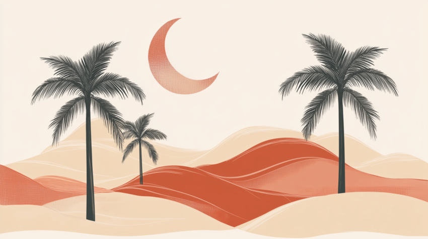 Minimalist Desert Landscape with Palm Trees and Crescent Moon