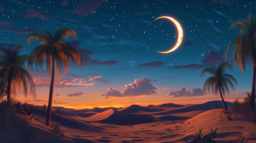 Starlit Desert Landscape with Crescent Moon and Palm Trees at Sunset