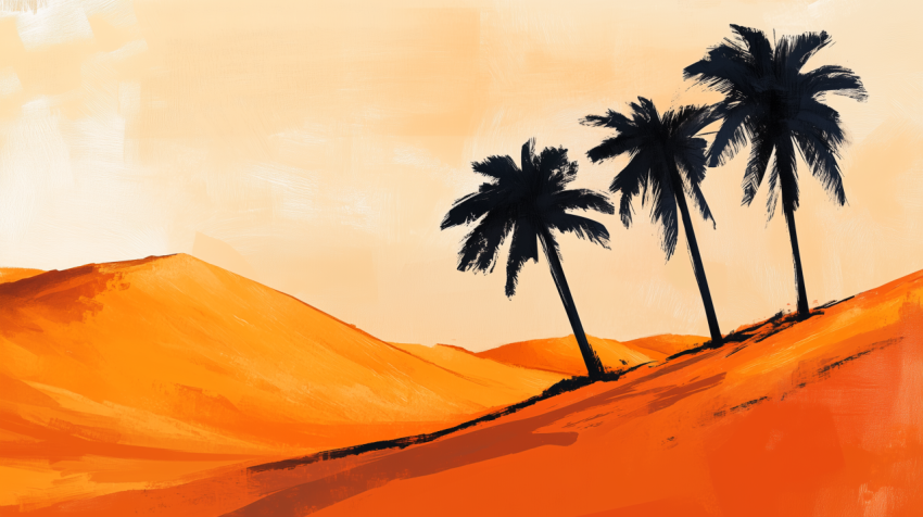 Abstract Desert Landscape with Palm Trees on Sand Dunes