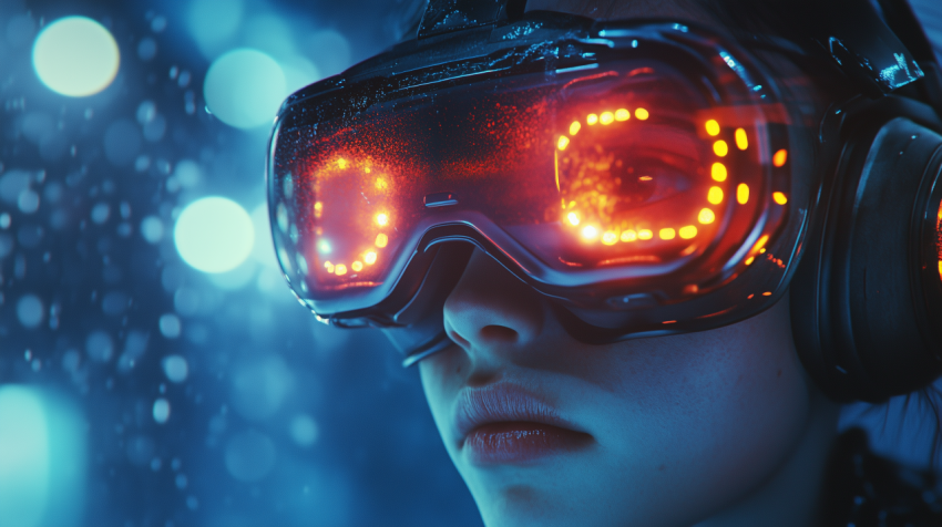 Close-up of futuristic VR headset with neon red lights on a person's face