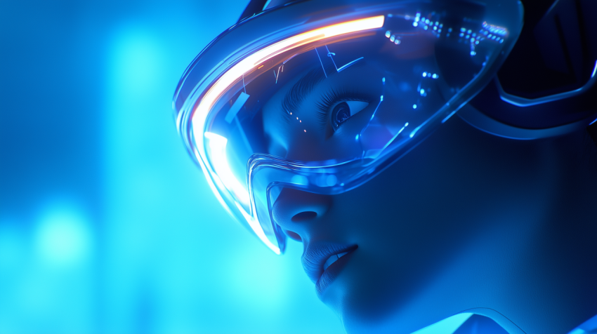 Close-up of woman wearing futuristic transparent visor with neon lighting