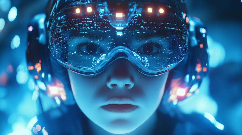 Close-up portrait of a young woman wearing futuristic digital visor with city lights reflection