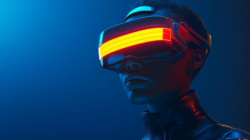 Close-up of a person wearing a futuristic VR headset with bright orange LED display on blue background